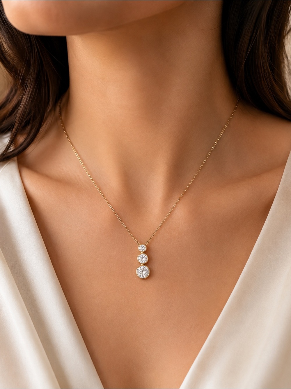 18k Gold Triple synthetic diamonds Drop pendant  necklace is not included - Picture 2 of 2